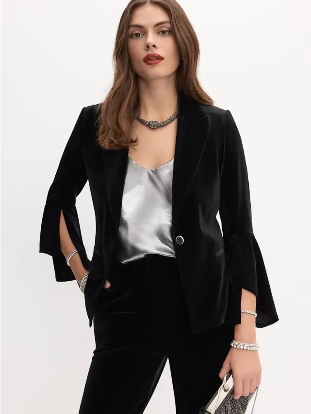 Black Velvet One-Button Blazer with Flutter Flared Sleeve Detail